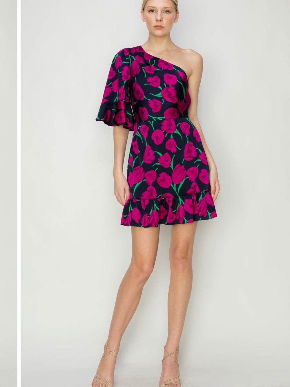 NWT MELLODAY One-Shoulder navy ruffle hem mini Dress magenta Tulip Print XL